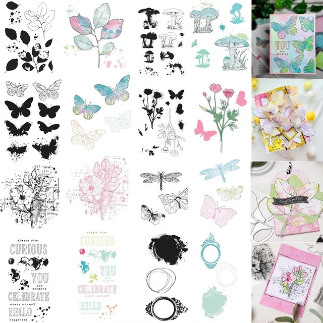 Stempelset für Scrapbooking und Kartenherstellung mit Motiven wie Pilzen, Blumenblättern, Schmetterlingen und Bemaltem Bleistift in Multicolour - Bild 1