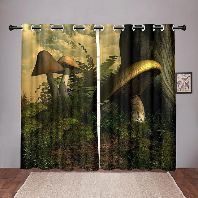 Verdunkelungs-Fenstervorhang Natur-Pilz-Wald mit Ösen, Mehrfarbig, B: 55 cm, H: 120 cm - Bild 1