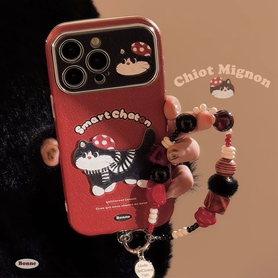 MUQGEW Handyhülle mit Ledertextur und Handgelenk-Kette im Koreanischen Cartoon Design für iPhone 11 bis iPhone 17 Pro Max, Schwarz und Rot, stoßfeste Abdeckung - Bild 2