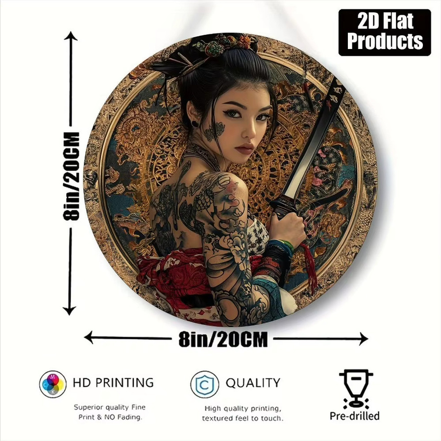 HELLOYOUNG Japanische Samurai-Metallwandkunst mit Blumenpanzer-Design, Rund, Mehrfarbig, B/H: 20,3 x 20,3 cm - Bild 2