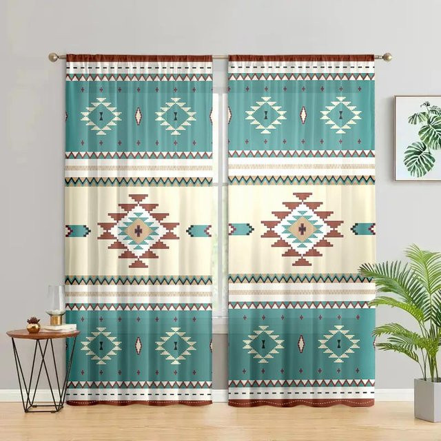 2er-Set Retro-Vorhänge mit geometrischem Ethno-Aztekenmotiv, halbtransparent, Weiß, Breite: 150 cm, Höhe: 166 cm - Bild 1