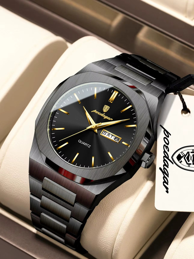 POEDAGAR Armbanduhr, Quarz, Edelstahl, Schwarz, Silber, Herren - Bild 7