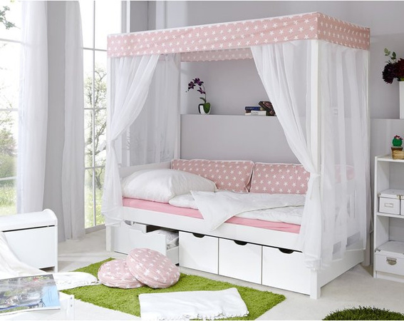 TiCAA Himmelbett aus Kiefer mit Sternen-Design in Rosa und Weiß für das Kinderzimmer