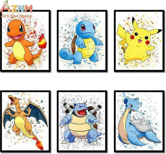 KAYOU Anime Pokemon Leinwandgemälde mit Bulbasaur und Squirtle als Aquarell-Wandkunst in Mehrfarbig für deine Heimdekoration - Bild 1