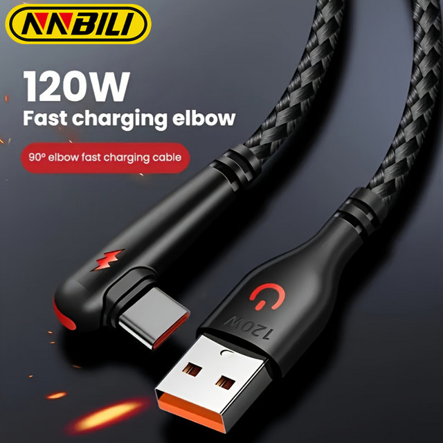 NNBILI 120 W USB-A auf USB-C Schnellladekabel mit 90 Grad Winkel Design, geflochtenes Nylon, Schwarz - Bild 1
