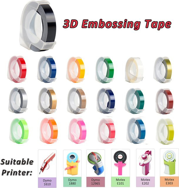 Motex 3D-Prägeetiketten-Nachfüllband aus PVC für Etikettiergeräte in Pink und Multicolour, kompatibel mit E101, 1610, 12965 und 1880, erhältlich in 6 mm, 9 mm und 12 mm Breite - Bild 1