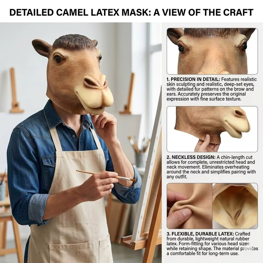 Kamel Latex Maske, Tier Kopfbedeckung, Braun - Bild 4