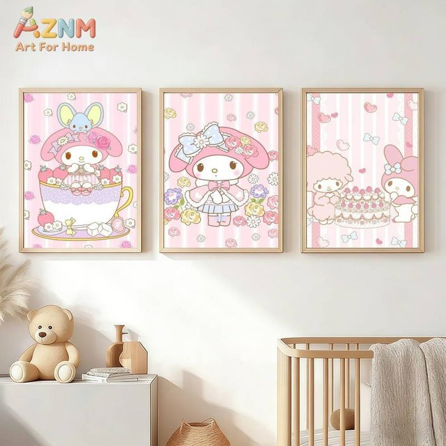 AZNM Sanrio My Melody Leinwand-Wandkunst, rosa Cartoon-Kaninchen Erdbeer-Teeparty Poster, ungerahmter Druck - Bild 1