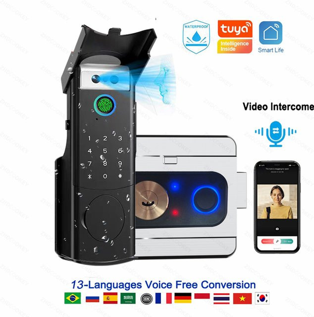 ZhdCookey Smart Schloss mit Gesichtserkennung, Tuya WLAN Intercom, Fingerabdruck, RFID und Tastatur, Wasserdicht, Farbe: Schwarz - Bild 1