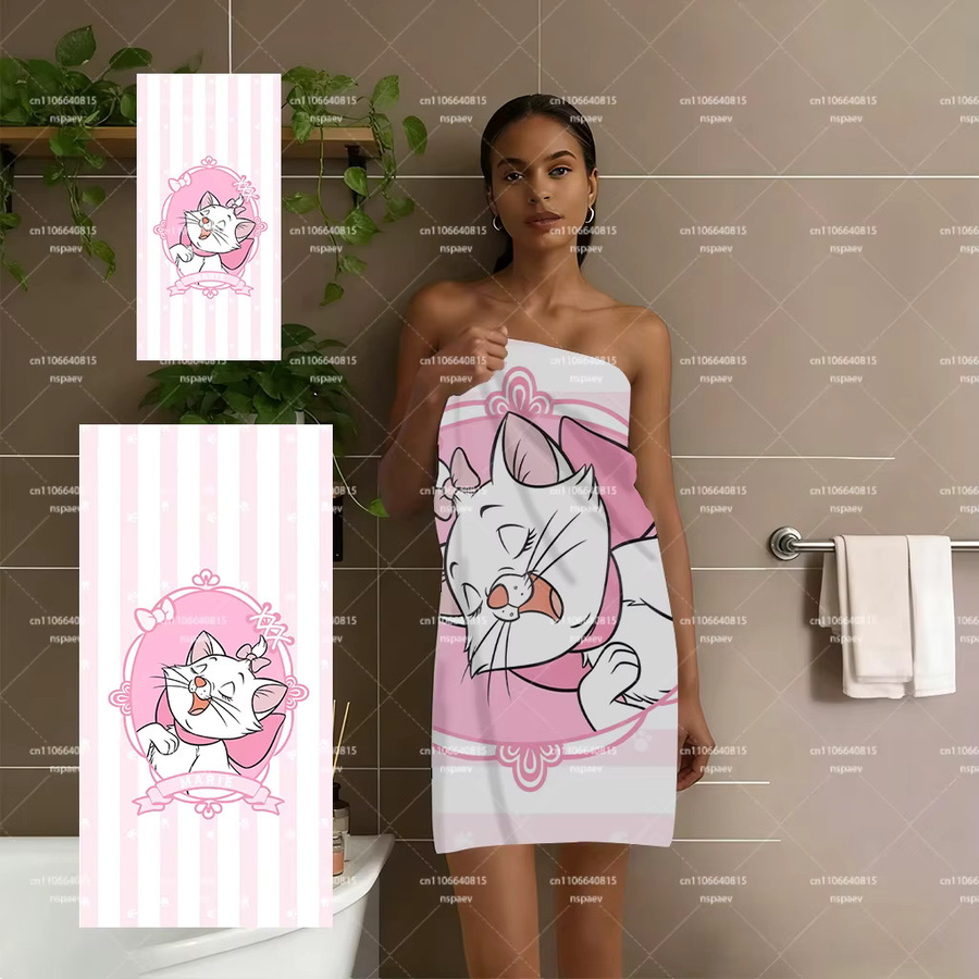 Potdemiel Marie Aristocats Strandtuch für Kinder, rosa-weiß gestreift mit Katzenmuster, schnelltrocknend - Bild 2