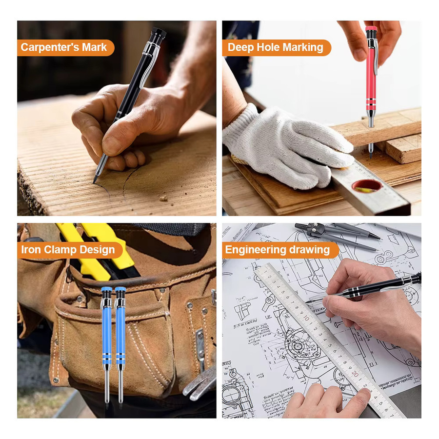 MROOFUL Professionelles Schreinerbleistift-Set aus Metall in Gelb mit 2,8 mm Graphit-Nachfüllminen und langer Nase für präzise Markierungen in der Holzbearbeitung - Bild 3