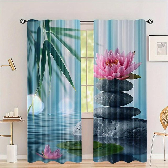 2-teiliges Set halbverdunkelnde Vorhänge mit Pflaumenblüten-Tuschemalerei und floralem Design, Farbe: Mehrfarbig, B: 100 cm, H: 130 cm - Bild 1