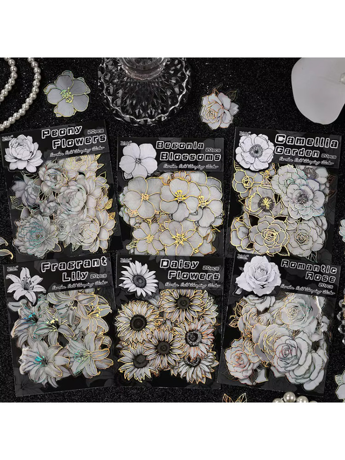 Wasserfeste Blumenaufkleber in Schwarz-Weiß mit goldenen holografischen Umrissen für Scrapbooking und Tagebuch - Bild 3
