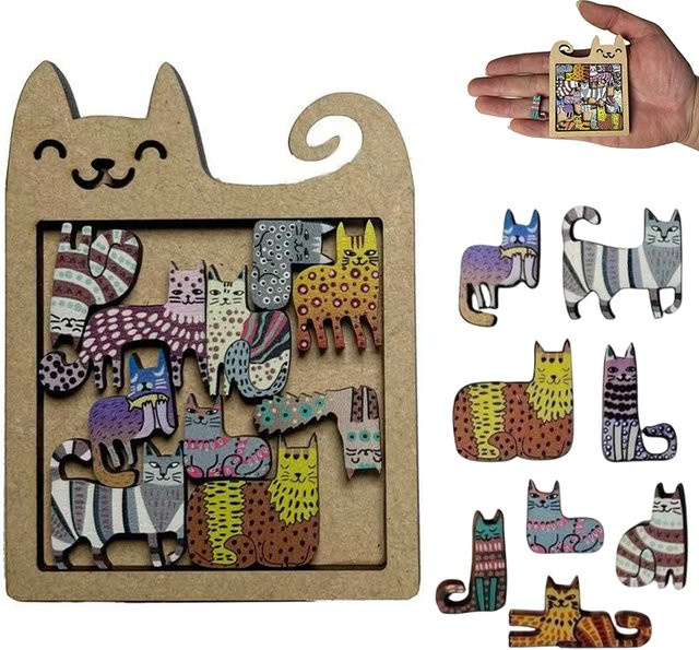 GUEN Holzpuzzle in Katzenform, Tiere, bunt/mehrfarbig - Bild 1