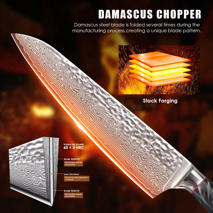 SAEIV Multifunktionales Küchenmesser aus 67-lagigem Damaszenerstahl und VG10-Stahl in Multicolor mit ergonomischem Griff - Bild 4