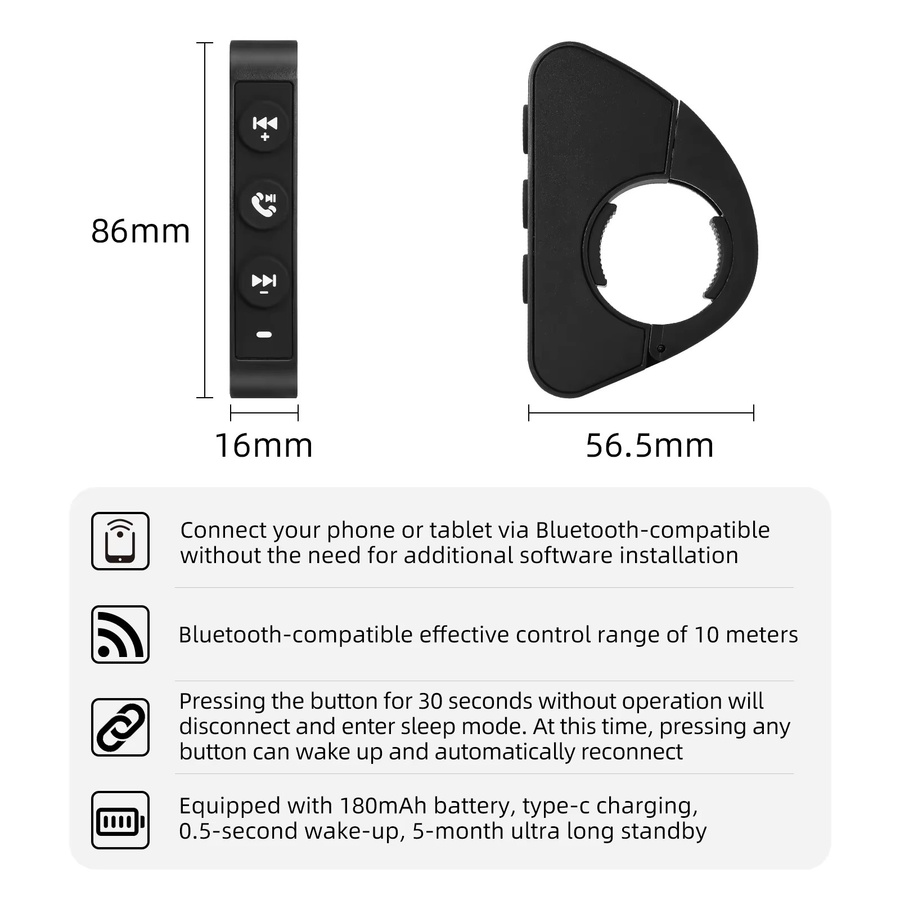 RYSJM Kabellose Bluetooth Fernbedienung für Musikwiedergabe in Schwarz für iOS und Android sowie Auto, Motorrad und Fahrrad - Bild 2