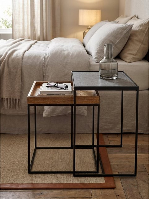 KADIMA DESIGN Couchtisch Set 2-teilig aus Mango Massivholz in Braun und Schwarz im Industrial Design mit Steinoptik, rechteckig - Bild 1