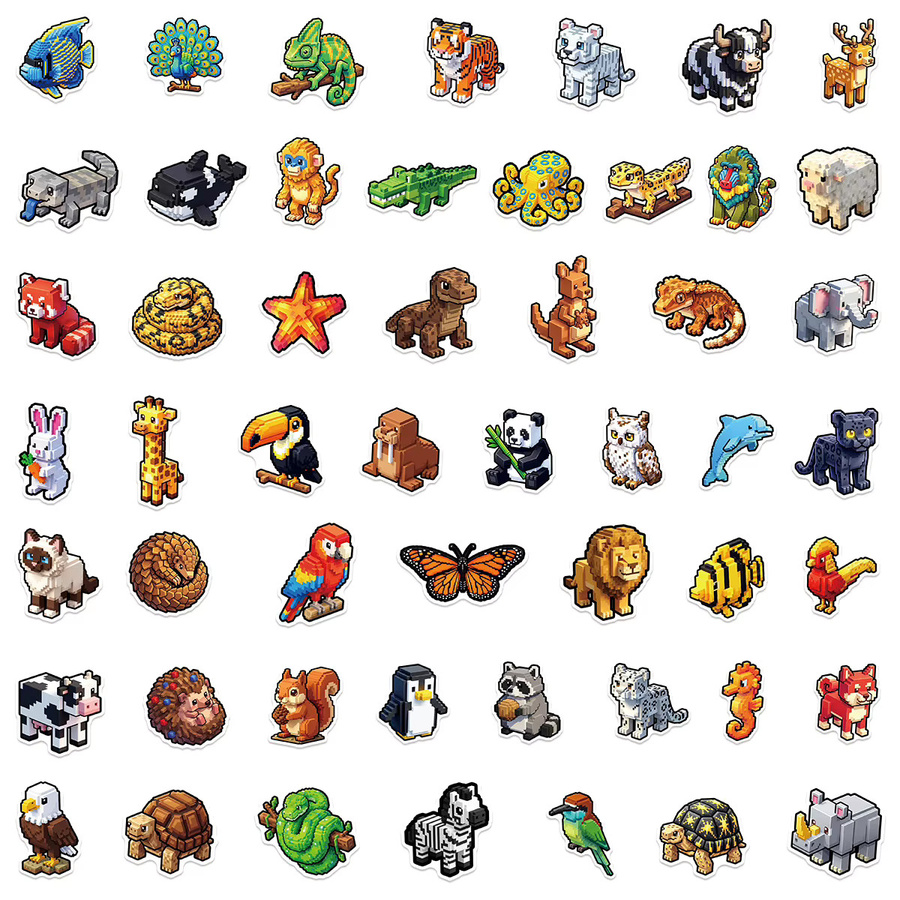 Pixel Tierwelt Aufkleber, 50er-Pack, wasserfeste PVC-Sticker - Bild 2