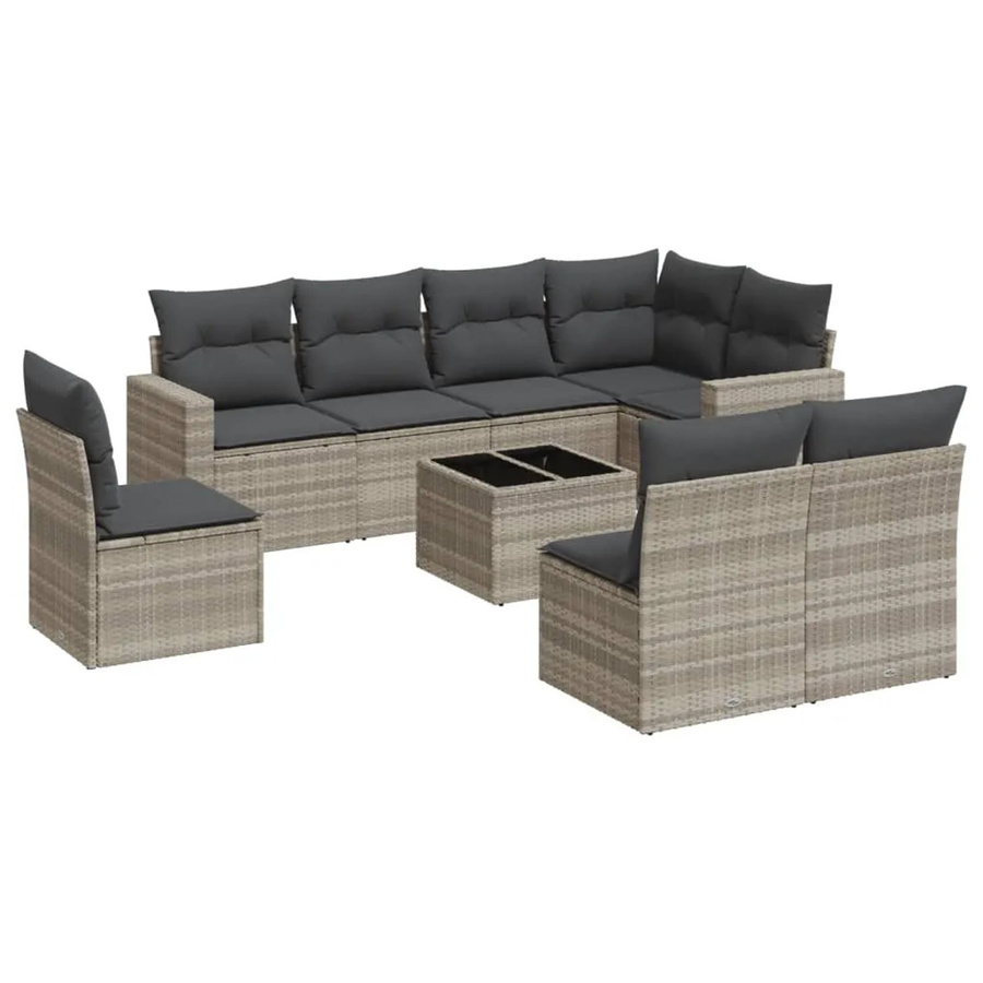 vidaXL 9-tlg. Garten-Sofagarnitur in L-Form aus Polyrattan mit Kissen, Hellgrau - Bild 2
