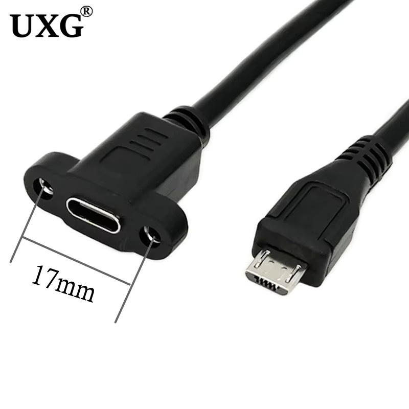 UXG Micro-Mini-USB-C-Stecker auf Typ-C-Buchse Verlängerungskabel mit Schrauben zur Sperrenplattenmontage Schwarz Pitch 17,5 mm 5-polig - Bild 3