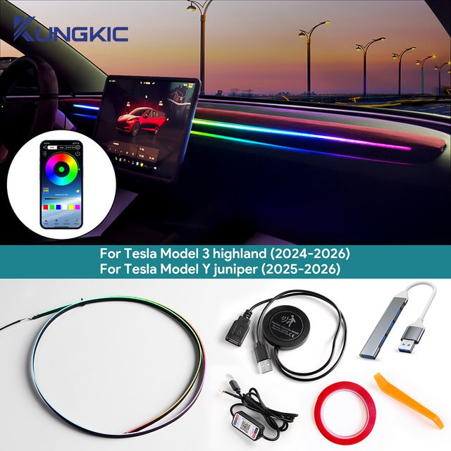 KUNGKIC RGB LED-Ambientebeleuchtung für Tesla Model Y 2025 2026 und Model 3 Highland 2024–2026 mit Fernbedienung und Symphony-Lampe, Multicolour - Bild 1