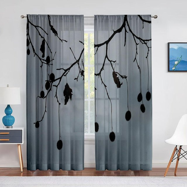 Transparenter Voile-Vorhang mit Baumzweig-Print in Grau, Organza-Fenstervorhang mit Ösen, Breite: 100 cm, Höhe: 250 cm - Bild 1