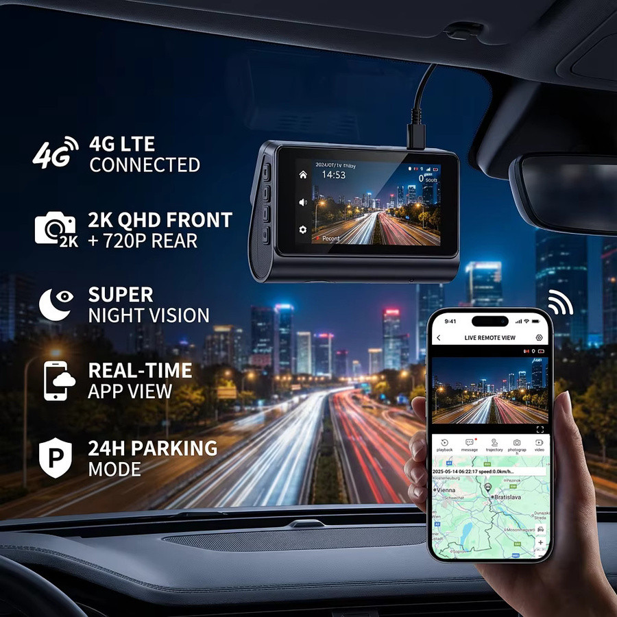 Bluavido 4G Live Streaming Dash Cam mit GPS, 2K Frontkamera und 720P Rückkamera, WiFi, Nachtsicht und 24H Parkmodus, Schwarz - Bild 2