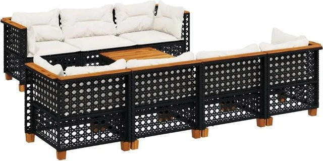 vidaXL 8-teilige Garten-Sofagarnitur aus Poly-Rattan und Akazienholz in Schwarz mit cremeweißen Kissen - Bild 1