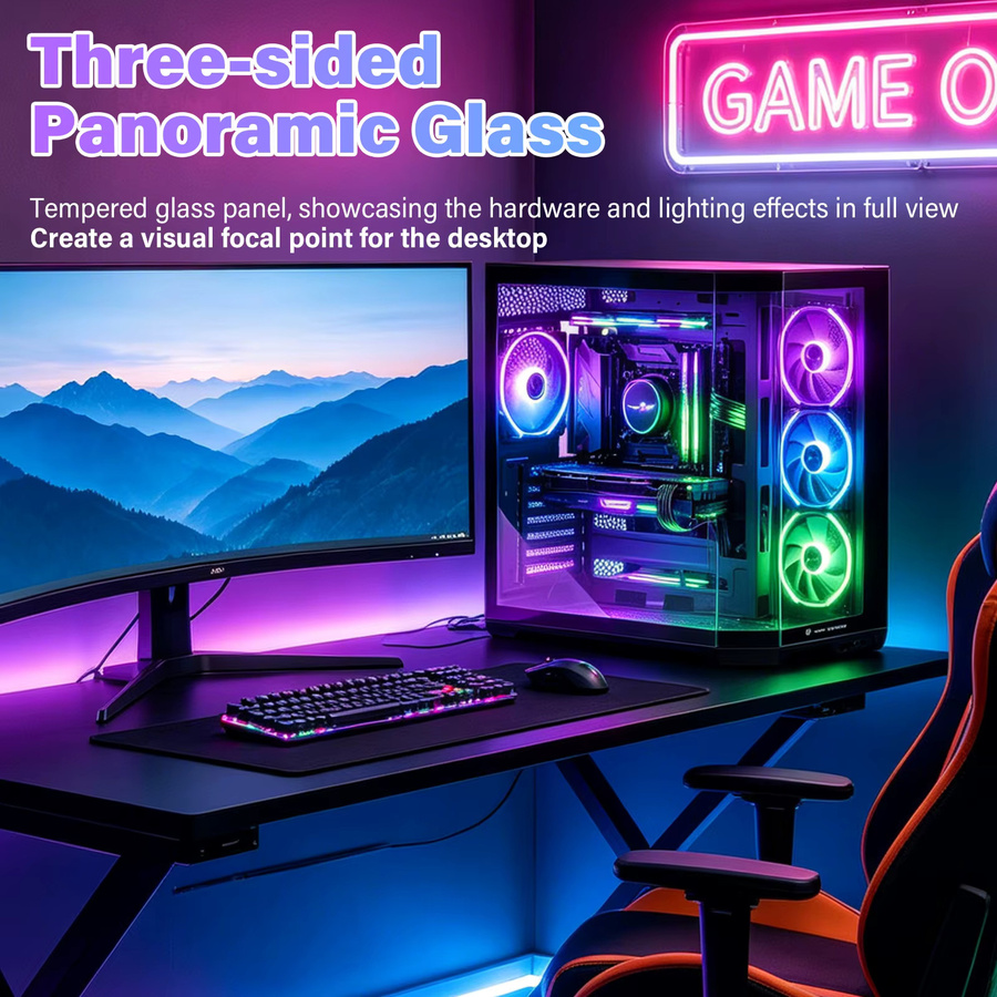 AS-01 ATX Desktop-Computergehäuse in Schwarz mit gehärteten Glas-Seiten- und Vorderwänden und 5 Festplattenslots für ITX, MATX und EATX Motherboards - Bild 7