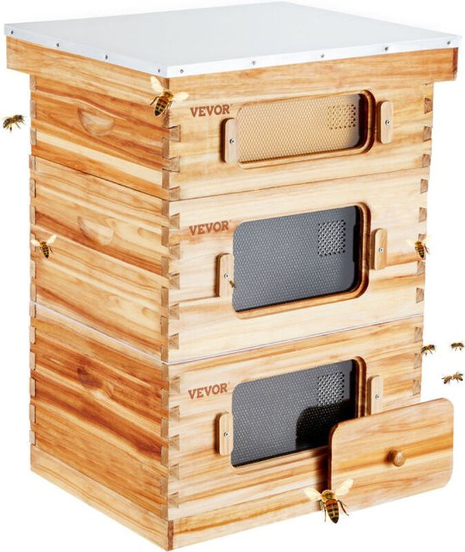VEVOR Langstroth Bienenstock-Set aus mit Bienenwachs beschichtetem Tannenholz für 30 Rahmen, bestehend aus 2 tiefen und 1 mittelgroßen Bienenkasten mit transparenten Acrylfenstern und Fundamenten - Bild 2