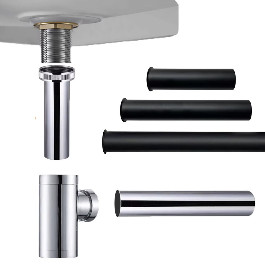 Waschbecken Abflussrohr als Flaschenfalle in Chrom Silber, individuell anpassbare Länge von 10 bis 80 cm - Bild 1