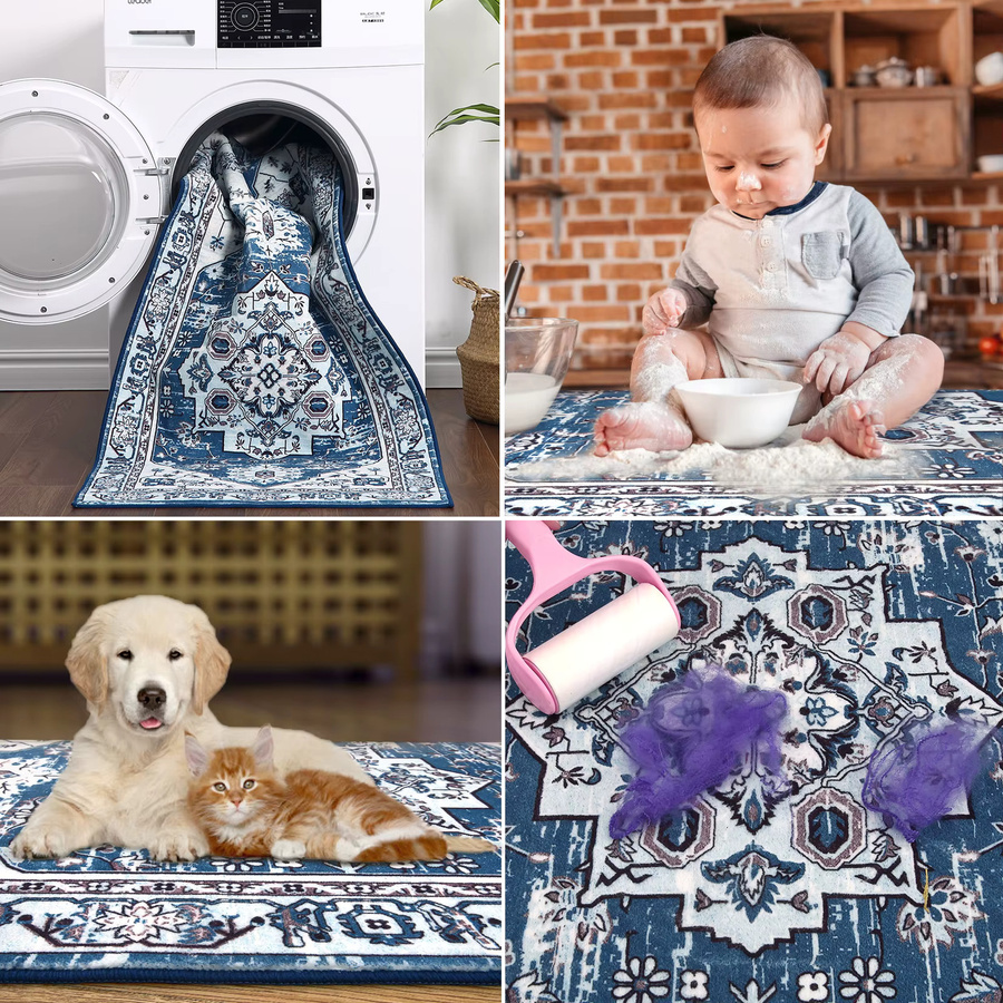 Maschinenwaschbarer Teppich TWISTER.CK im Vintage-Stil mit floralem Orient-Design, blau, rutschfest, B/T: 150 x 80 cm - Bild 6