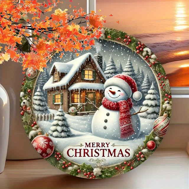 Potdemiel Weihnachtsschneehaus und Schneemann Runde Metallwandkunst Vintage Eisenschild, Durchmesser: 20,32 cm, Mehrfarbig - Bild 1