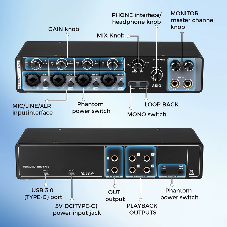 Depusheng MQ44 Professionelles 4-Kanal-Audio-Interface in Schwarz mit integriertem ASIO-Treiber und hoher Impedanz für Studio und Live-Auftritte - Bild 2