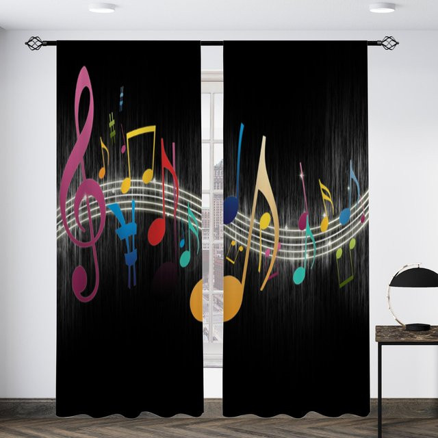 2er-Set Yiran Furniture Vorhänge mit Musiknoten-Print, halbtransparent, Polyester, Mehrfarbig, B/H: 50 x 130 cm - Bild 1