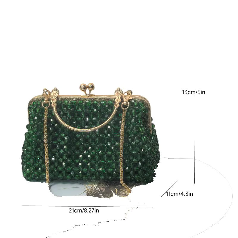 YYFAMULEY Clutch, smaragdgrün, Perlen, goldener Rahmen, Kettenriemen - Bild 5