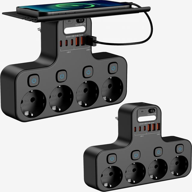 DODOYESANA Multifunktionssteckdose mit USB-C-Anschlüssen und intelligentem Nachtlicht, 4000 W, Schwarz - Bild 1