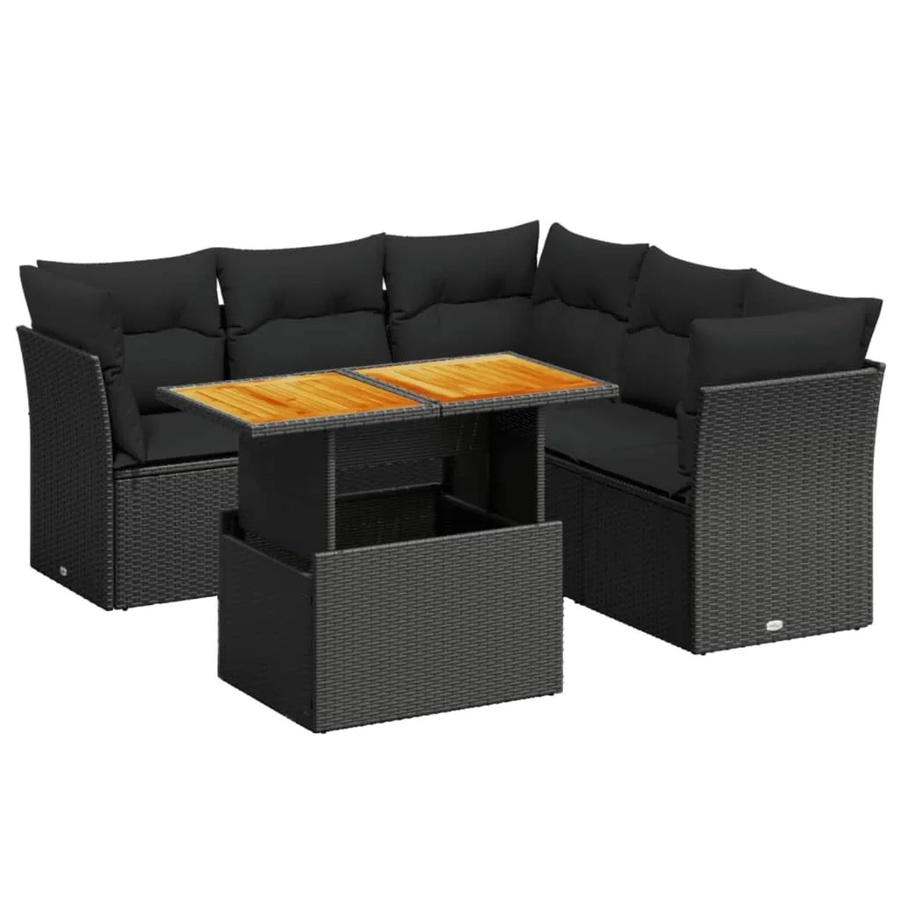 vidaXL 5-teilige Garten-Sofagarnitur in L-Form aus Polyrattan und Akazienholz mit Kissen, Schwarz - Bild 2