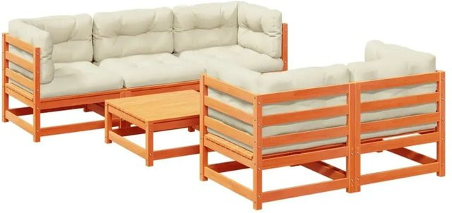 vidaXL 6-tlg Garten-Sofagarnitur L-Form aus Kiefernholz in Wachsbraun mit Polsterkissen und Ottoman - Bild 1