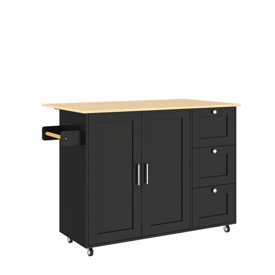 okwish Kücheninsel mit klappbarer Arbeitsplatte und 3 Schubladen in Schwarz Matt, B: 135 cm, T: 44-70 cm, H: 90 cm - Bild 2
