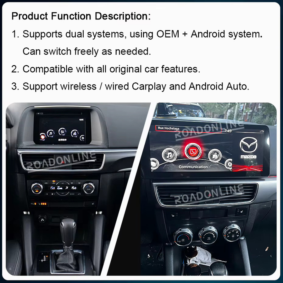Roadonline Android 14 Multimedia-Player für Mazda CX-5 2013-2016 mit 12,3 Zoll Display, 8-Kern Prozessor, 8+256GB Speicher, GPS und CarPlay in Schwarz - Bild 2