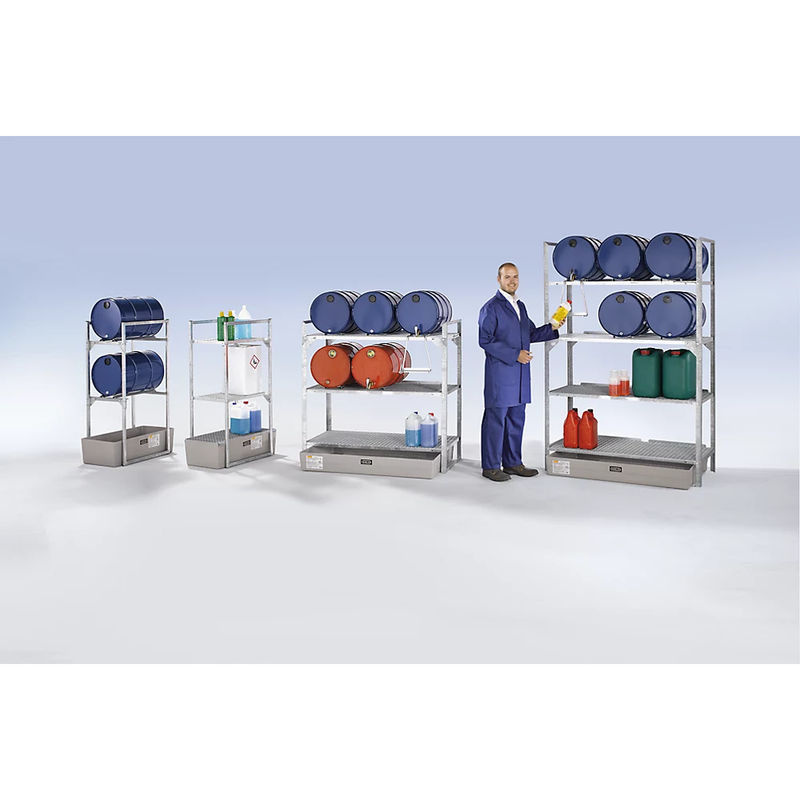 CEMO Fassregal Typ 120 Variante 1 mit Auffangwanne und Fassauflage für 2 x 60-L-Fässer, Grau-Blau, B: 82,0 cm, T: 45,0 cm, H: 131,0 cm - Bild 2