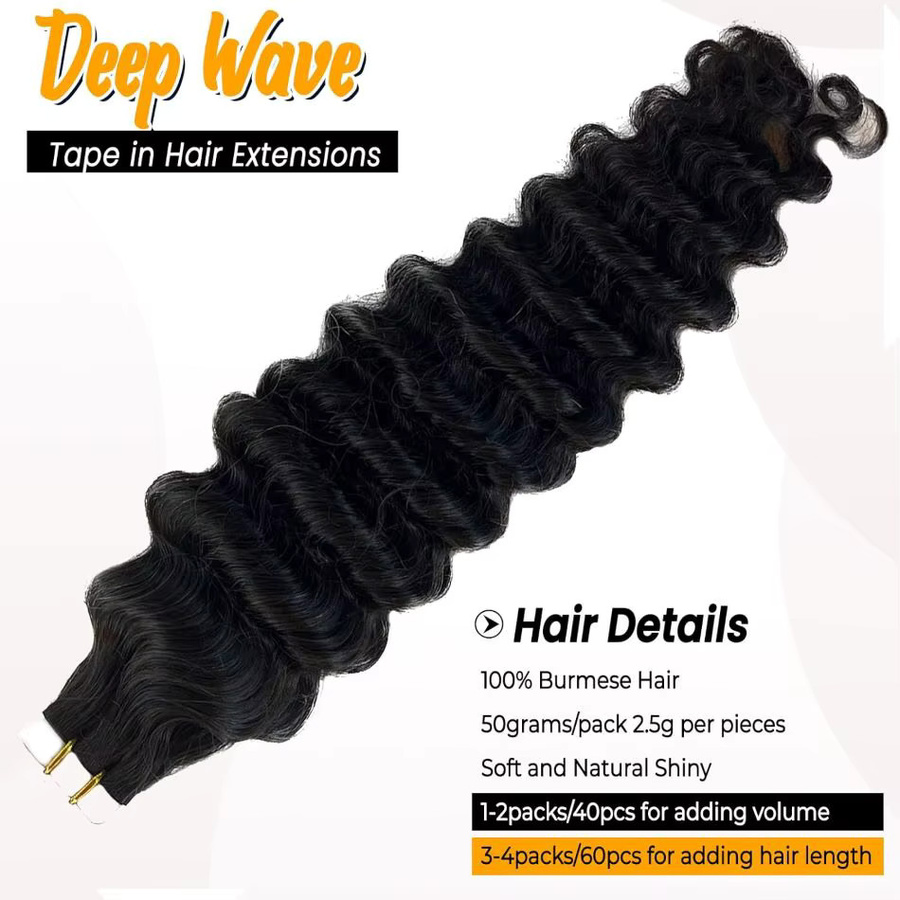 xbeauty Deep Wave Tape In Extensions, 100 % Echthaar, Deep Curly, 1B - Bild 2