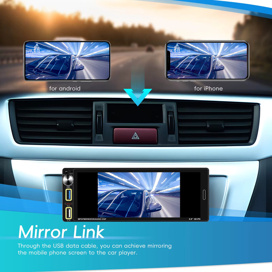 Camecho Wireless Carplay Android Auto 1 Din Autoradio mit 6,9 Zoll IPS Bildschirm, Bluetooth, MP5 Multimedia Player und Dual USB/Typ-C, Schwarz - Bild 3