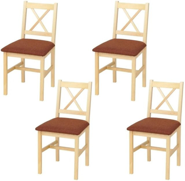 4er-Set Esszimmerstühle MCW F77 aus Massivholz in Natur mit Stoffpolsterung in Terrakotta im Landhausstil - Bild 1