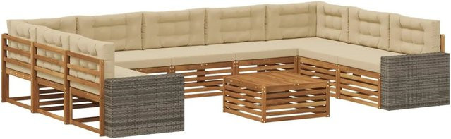 vidaXL Outdoor-Sofagarnitur aus Massivholz Akazie in U-Form, 10-teiliges Set mit Polstern in Natur und Beige - Bild 1