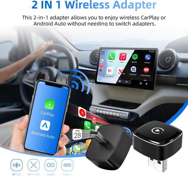ANYFAR 2-in-1 kabelloser CarPlay und Android Auto Adapter mit 5G WiFi und Bluetooth 5.0 in Schwarz mit USB-C und USB-A Anschlüssen - Bild 1