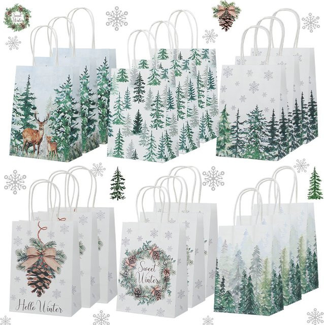 6 Stück EIK Weihnachtsgeschenk-Verpackungsbeutel aus Papier mit Griff, Motiv Weihnachtsbaum und Schneeflocke, Mehrfarbig - Bild 1