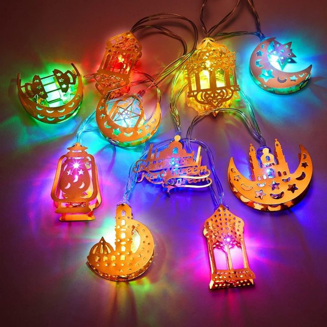 LED Lichterkette Ramadan Eid Mubarak mit Mond, Stern und Moschee-Motiv in Gold/Messing, Batteriebetrieben, Länge: 1,65 m - Bild 1