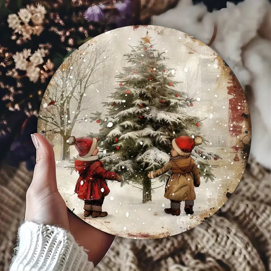 Potdemiel Vintage Eisen-Wandkunst Weihnachten Jugendliche im Schnee, Metallschild Multicolor, B/H: 20,3 x 20,3 cm - Bild 3